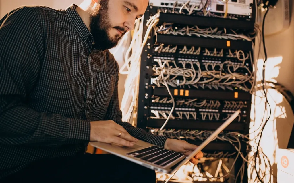 OptiFi engineer working on a server rack and structured cabling