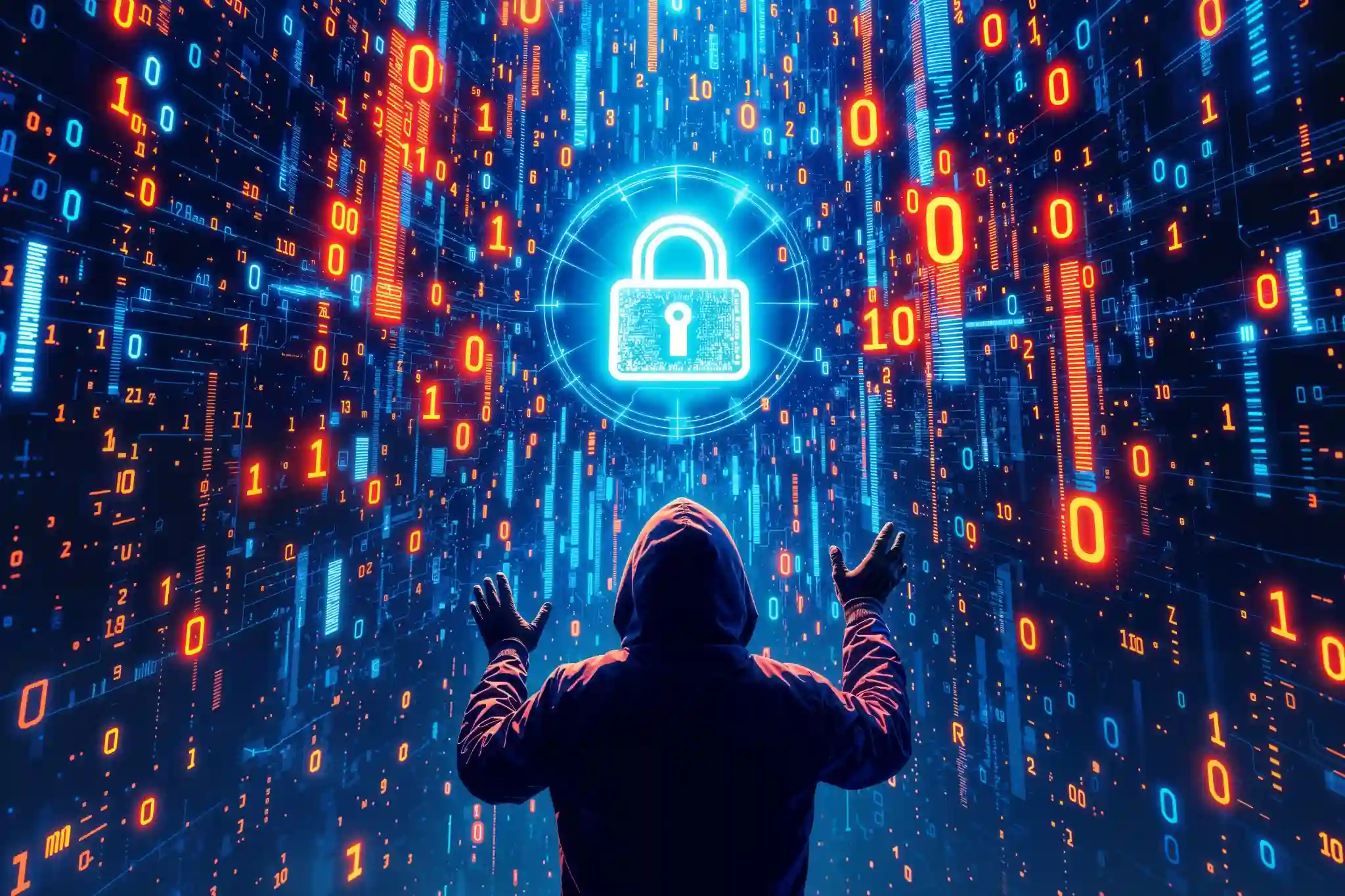 Hooded figure facing a wall of binary code with a glowing padlock, representing cyber threat