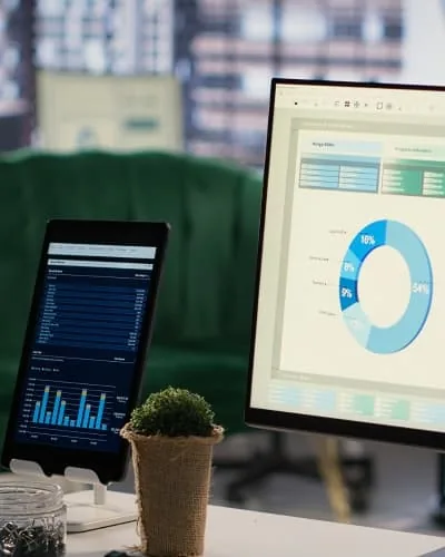 Business intelligence dashboard with a donut chart displayed on a desktop monitor