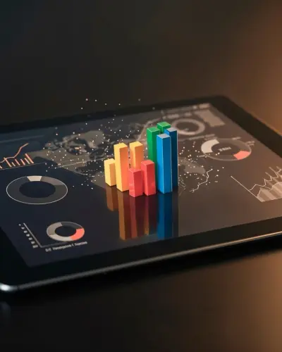 Coloured bar and pie charts rendered above a dark tablet screen
