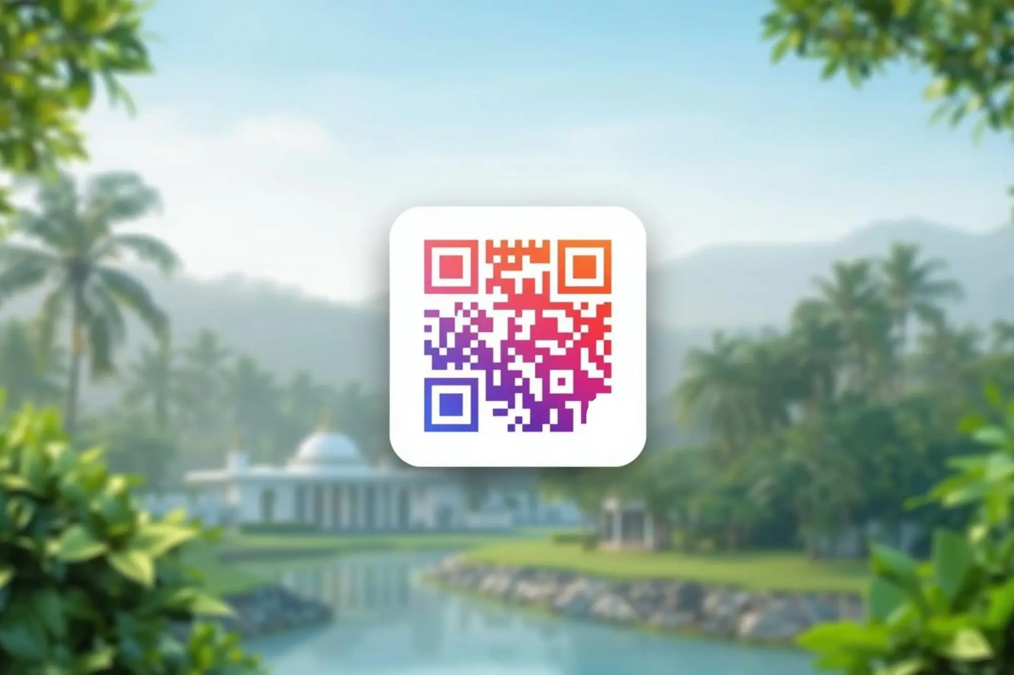 Colourful QR code set against a Kerala backwaters landscape with palm trees