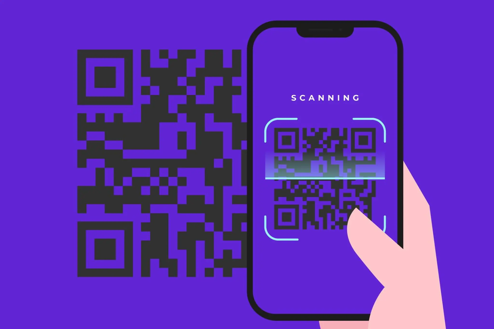 Hand scanning a QR code with a smartphone against a purple background