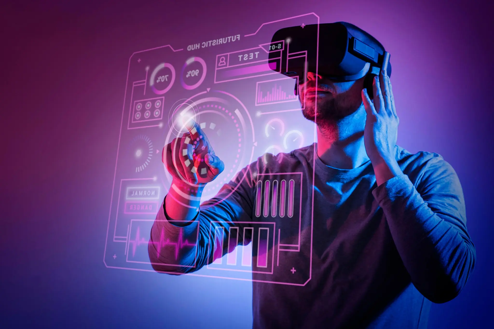 Engineer in a virtual reality headset interacting with a holographic control interface