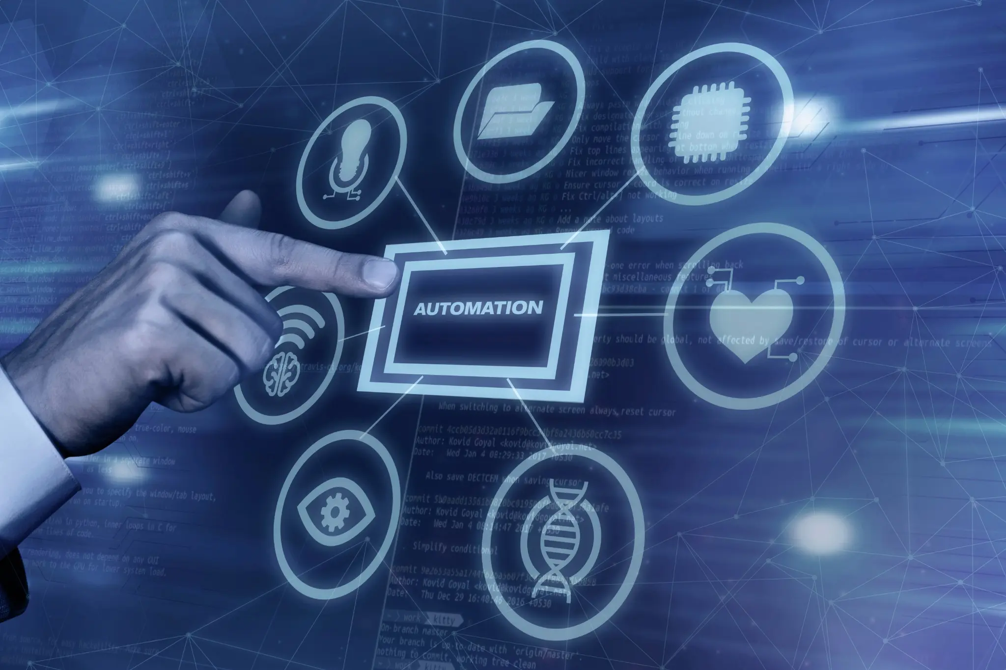 Hand selecting an automation icon from a network of connected business process symbols