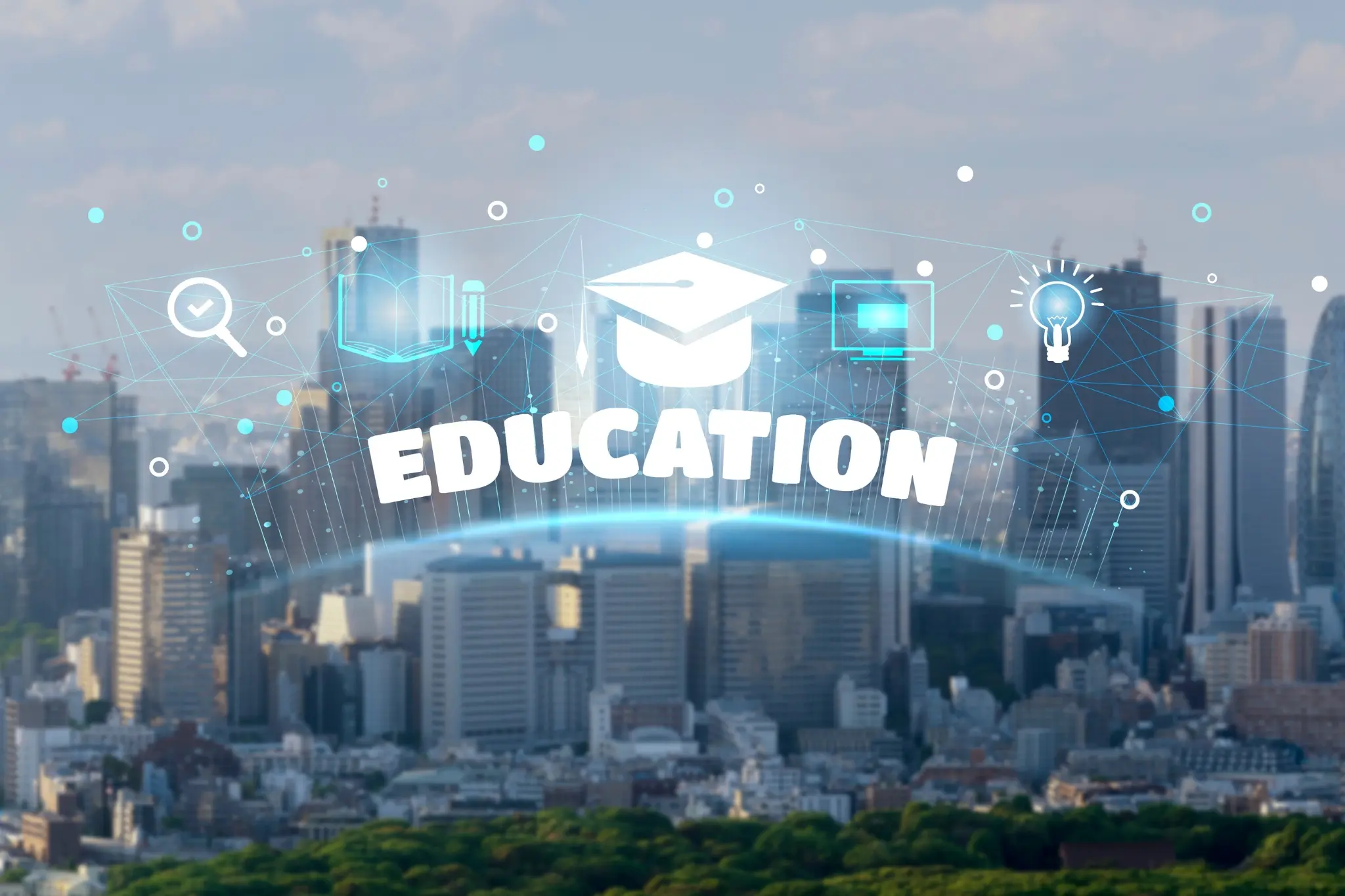 Education technology icons above a city skyline representing campus-wide digital learning