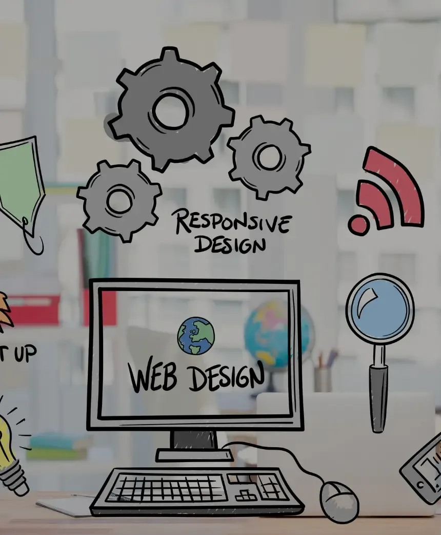 Responsive website design sketch across desktop and mobile screens