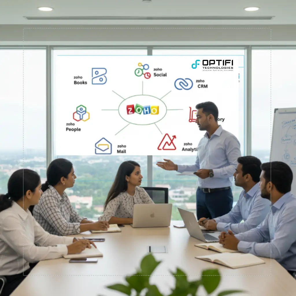 OptiFi Technologies, a certified Zoho Partner in Kerala, conducting a meeting to discuss comprehensive Zoho solutions including Zoho CRM, Zoho Books, Zoho One, and other Zoho applications for business implementation.